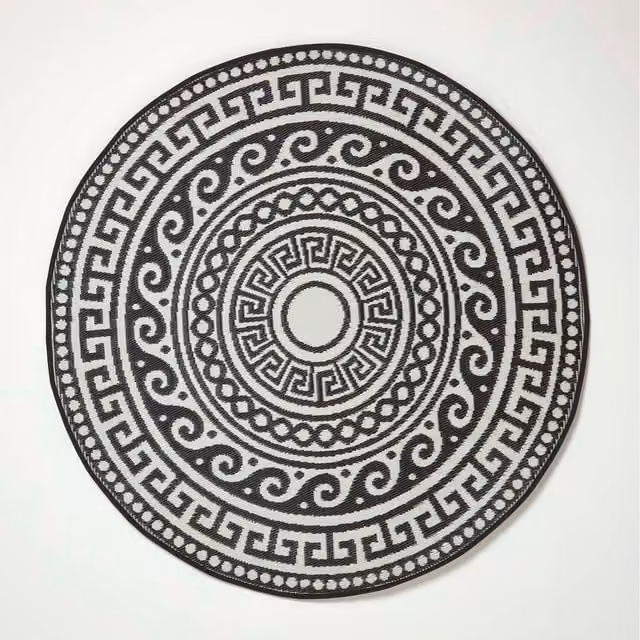 Homescapes Enid Aztec Round Outdoor Rug, Black and White, Diameter: 180 cm