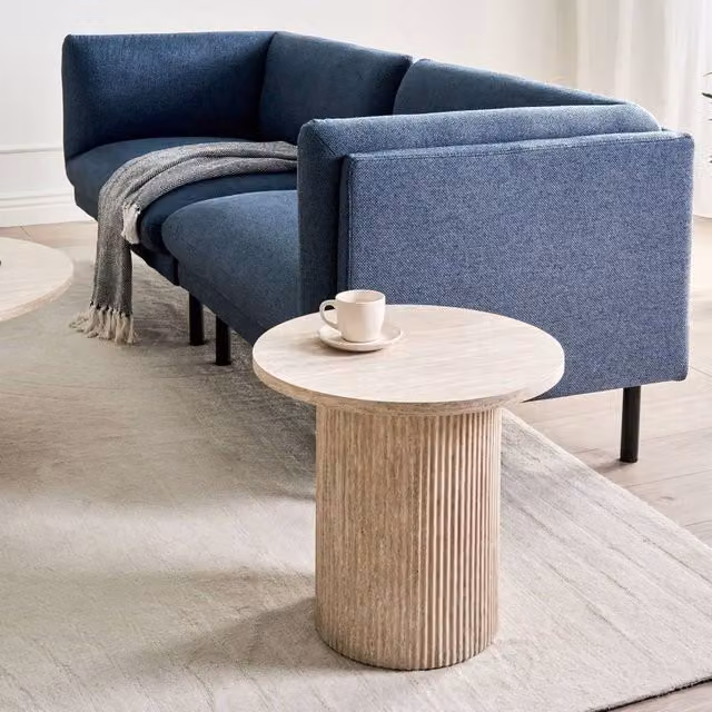 Wyld and Coco Astra Living Round Side Table in Beige with Wood Top and Stone Base, Diameter: 50 cm – 1