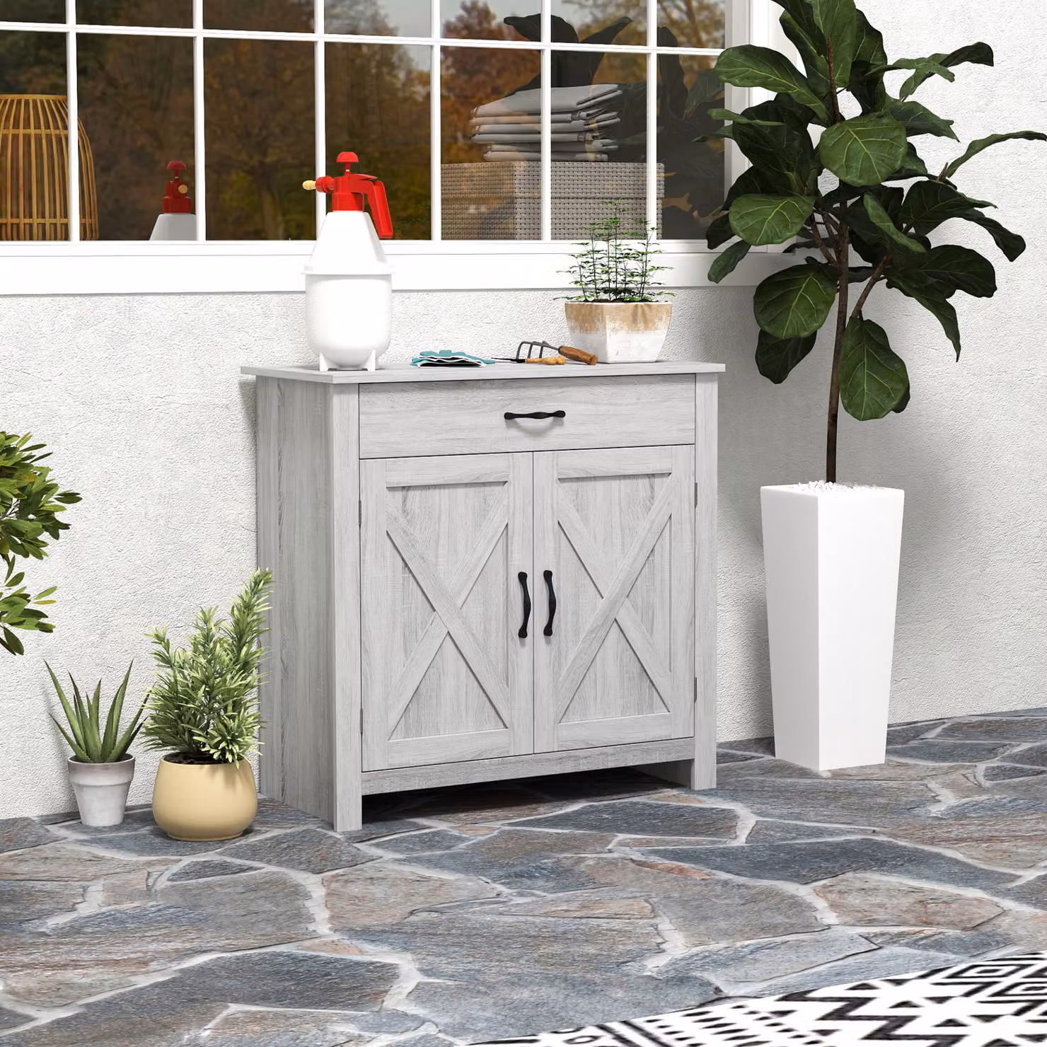 HOMCOM Grey Wood-Effect Farmhouse Sideboard with Rustic Barn Doors and Coffee Bar Style Storage Cabinet – 2