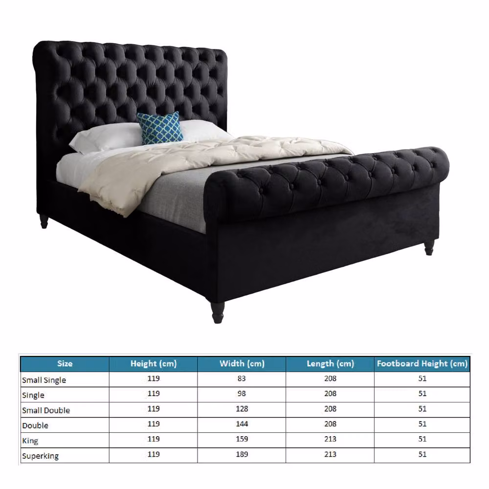 KDMD Tittleshall Sleigh Upholstered Designer Bed Frame in Black Soft Velvet, King Size (W: 180 cm, L: 200 cm) – 5