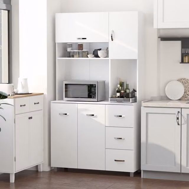 HOMCOM White Freestanding Kitchen Storage Cabinet with Drawers and Shelves – 1