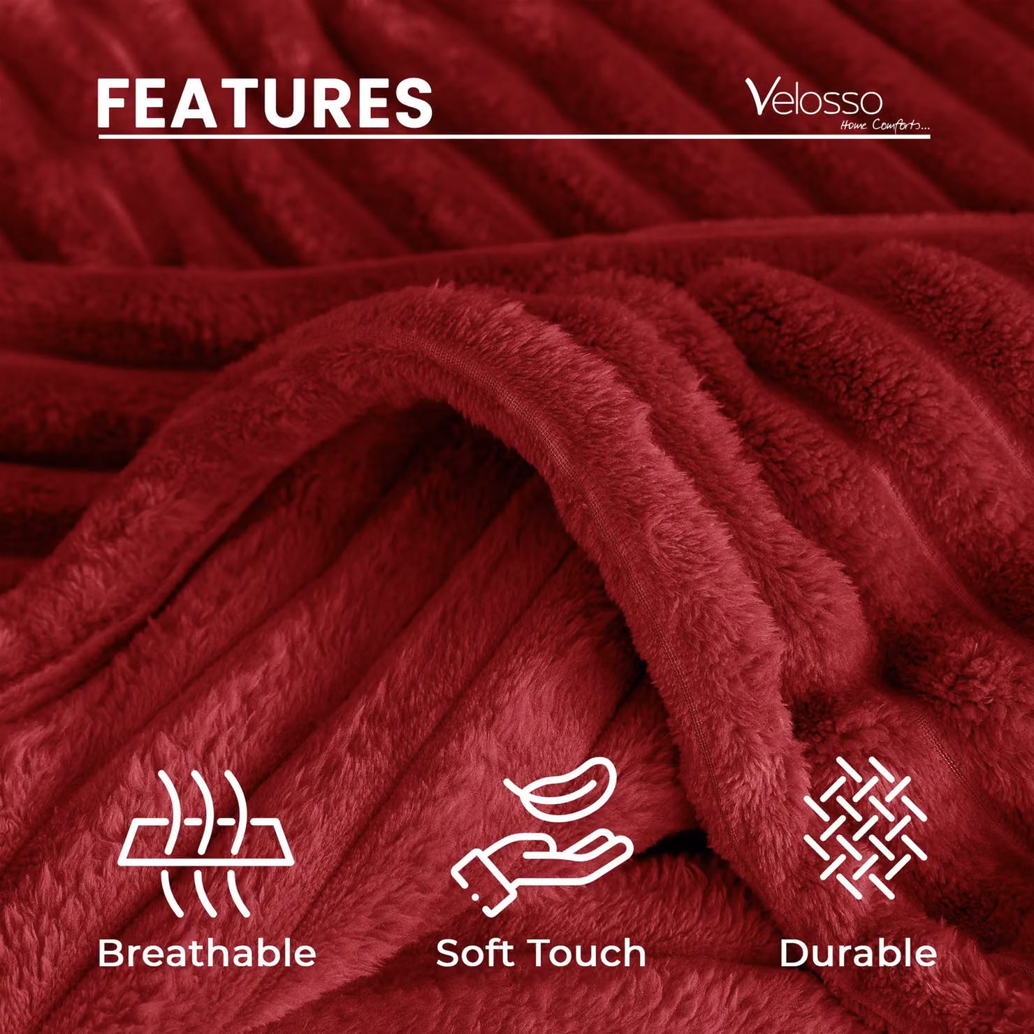 Velosso Super Soft Chunky Cord Blanket Throw in Red, W: 150 cm, L: 200 cm – 3