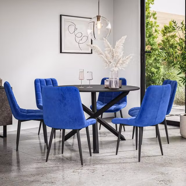 More4Homes Malvern Round Dining Table and 6 Nova Blue Velvet Dining Chairs Set with Black Top and Solid Oak Legs, Diameter: 120 cm, Height: 75 cm
