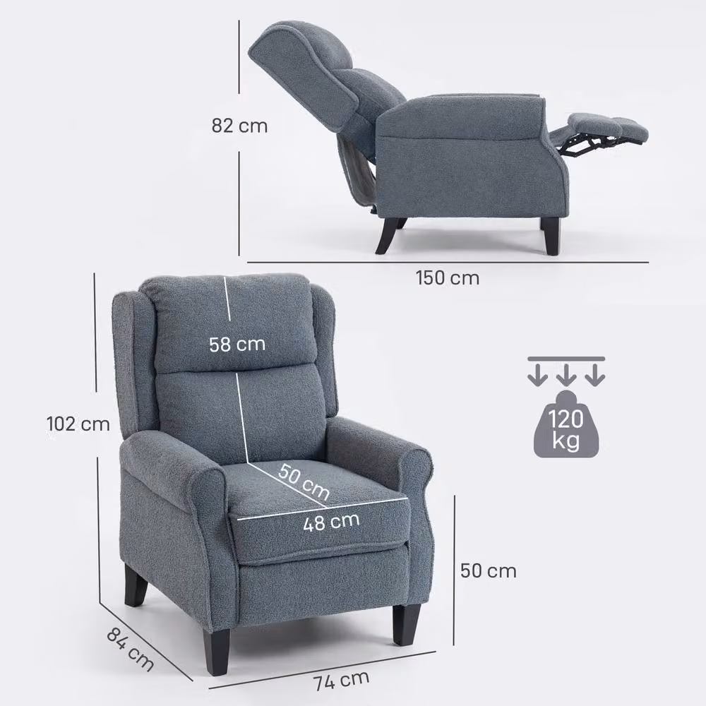STILVORA Grey Fabric Recliner Armchair with Integrated Footrest and Metal Frame – 2
