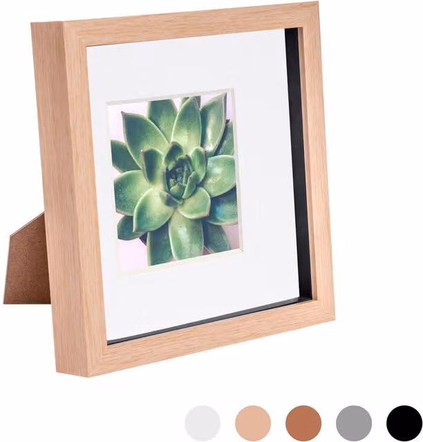 Nicola Spring Single Square 3D Box Photo Frame in Light Wood with 4 x 4 inch Mount, W/D/H: 20.32 x 20.32 x 20.32 cm