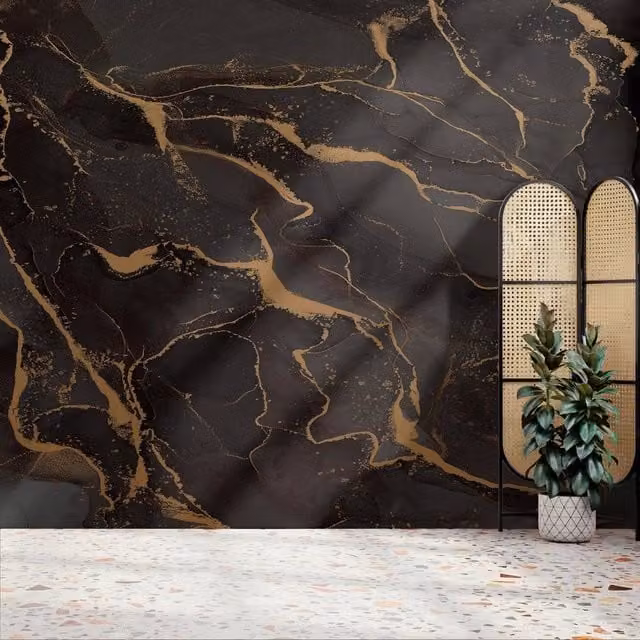 Superfresco Easy Marble Black and Gold Abstract Matt Wall Mural W: 300 cm, H: 280 cm