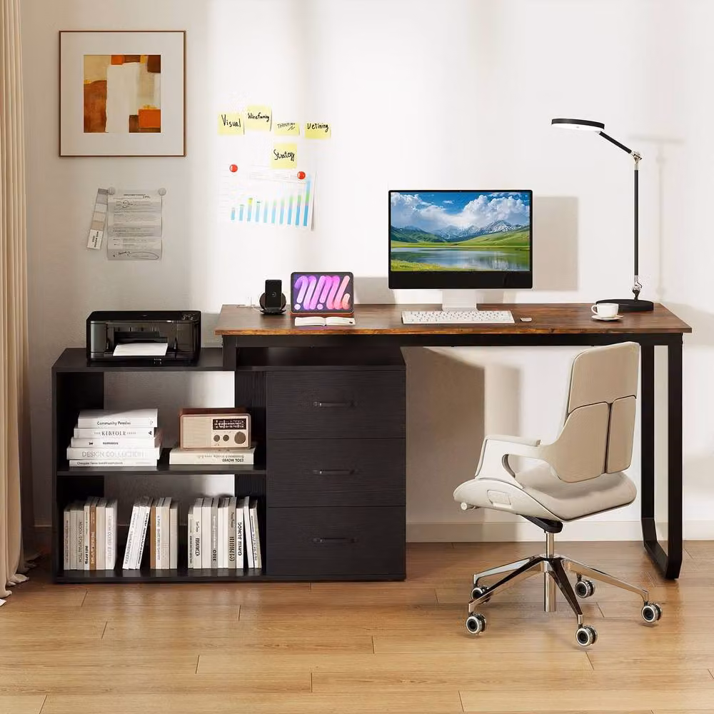 Costway Reversible L-Shaped Corner Desk with Power Outlet in Brown, Width: 140 cm – 3