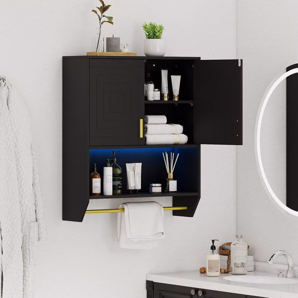 Costway Wall Mounted Black Bathroom Cabinet with Integrated Lighting and Internal Shelves – 8