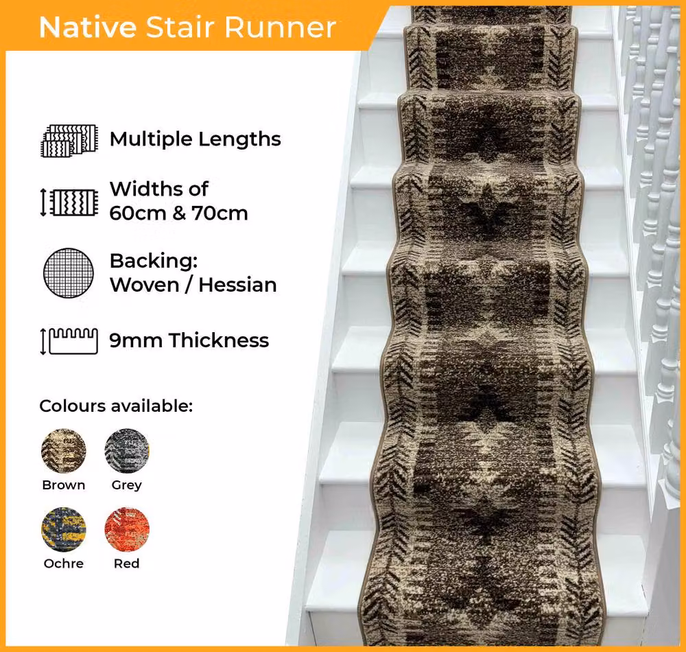 runrug Native Stair Runner Carpet in Brown, W: 70 cm, L: 600 cm – 2