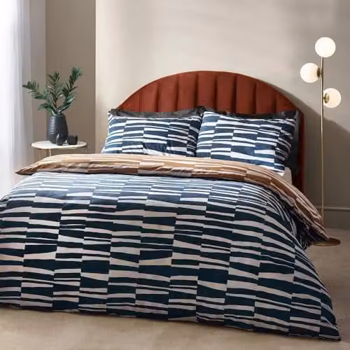 HOEM Piper Striped Cotton Rich Reversible Duvet Cover Set in Bronze and Blue, King Size (180 x 200 cm)