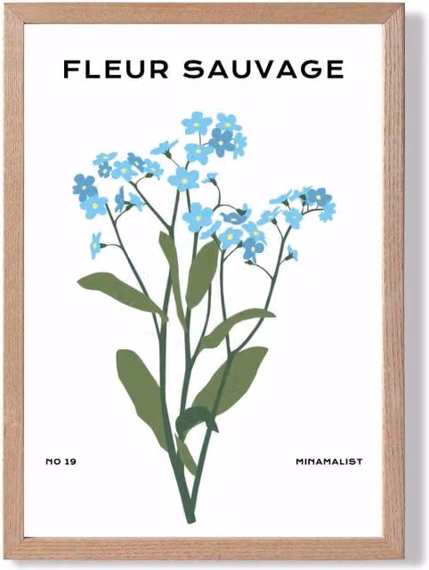 ARTZE Blue Forget Me Not Flower Market Minimalist Framed Print with Oak Frame, W: 21.0 cm, H: 29.7 cm
