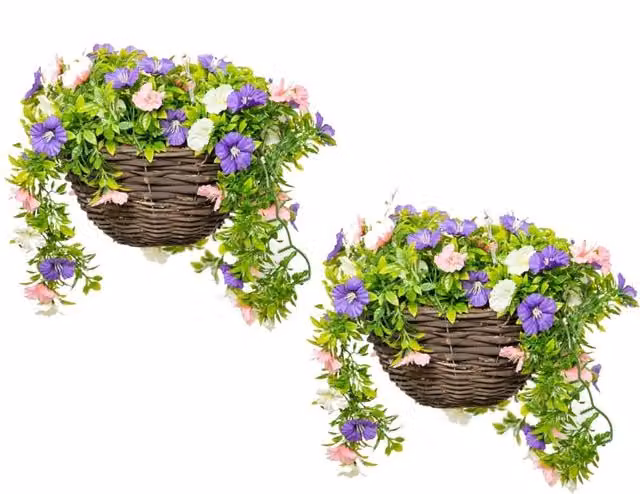 Primrose Pair of Artificial Petunia Flowers in Rattan Hanging Baskets, Pink, Purple and White, Diameter: 25 cm – 1
