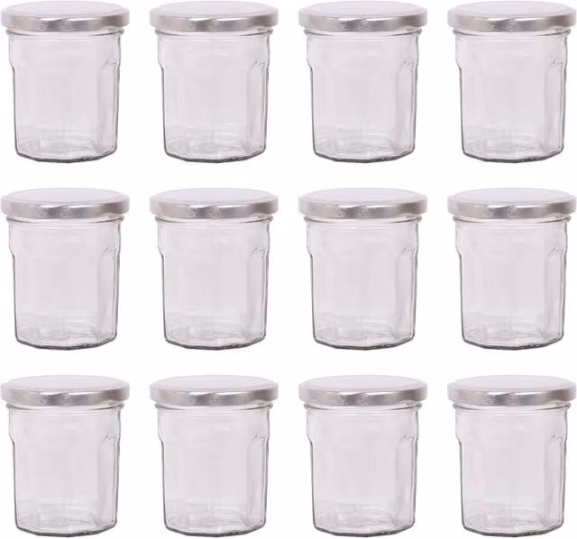 Argon Tableware Set of 12 Transparent Glass Jam Jars with Silver Screw Tops, 150ml