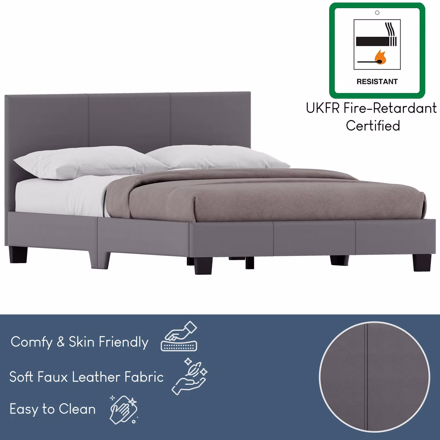 Vida Designs Lisbon King Size Upholstered Bed Frame in Grey Faux Leather and Fabric, W/D/H: 180 x 200 cm – 4