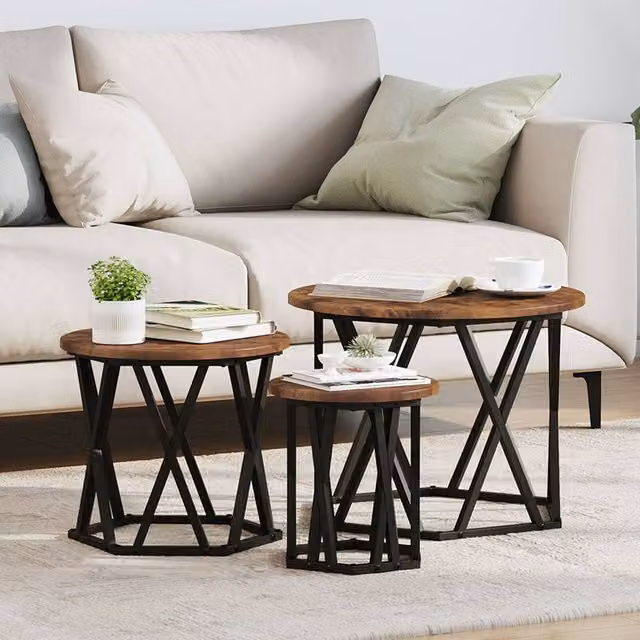 Berkfield Home Set of 3 Round Nesting Side Tables in Smoked Oak and Brown Engineered Wood – 1