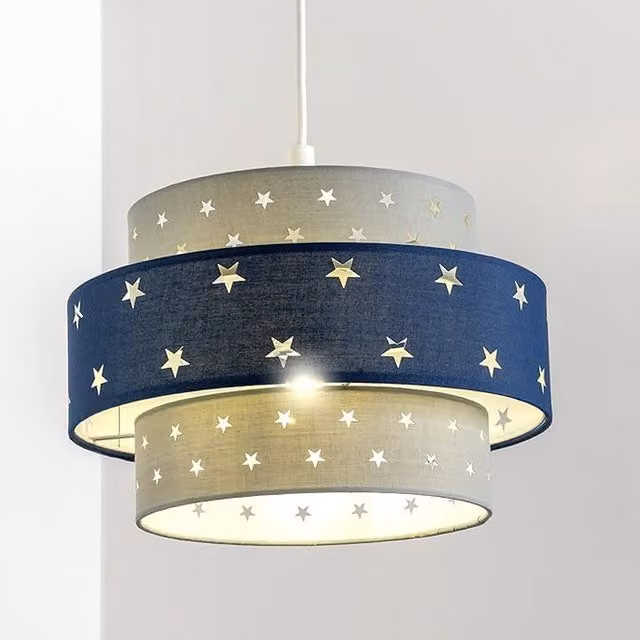 CGC Lighting Starlight Two Tier Star Fabric Easy Fit Ceiling Lamp Shade in Grey and Blue