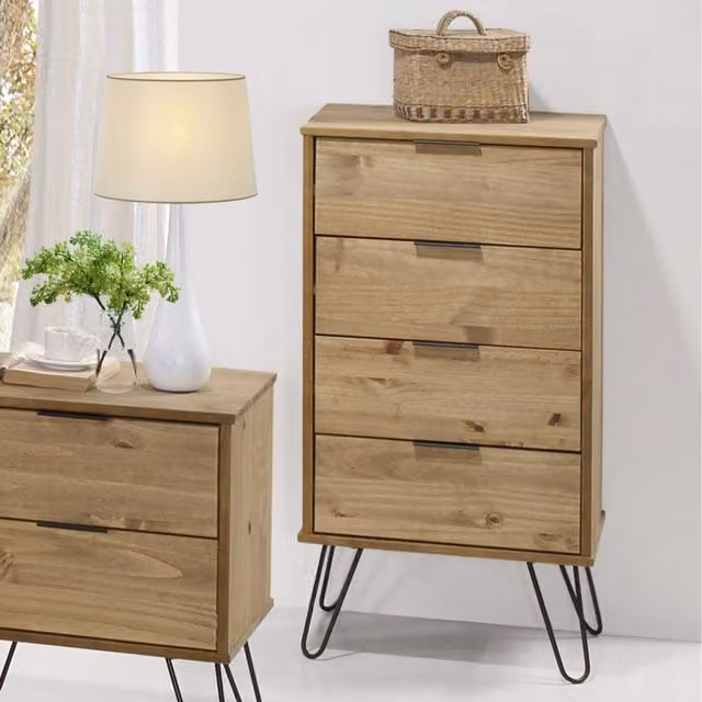 Core Augusta Waxed Pine 4 Drawer Narrow Chest of Drawers in Brown