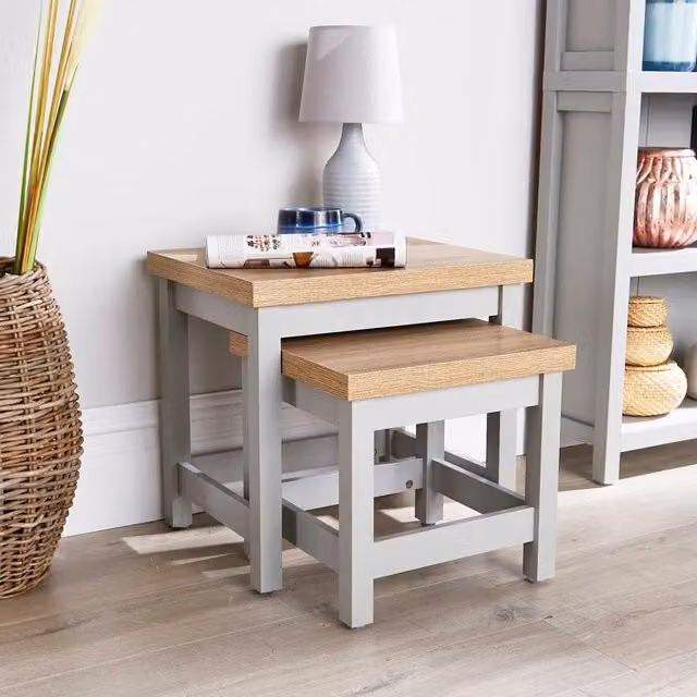 Home Source Nest of 2 Occasional Side Tables with 36mm Oak Tops in Grey