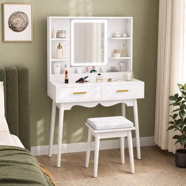 STILVORA Modern White and Gold Dressing Table with LED Mirror, Drawers and Stool