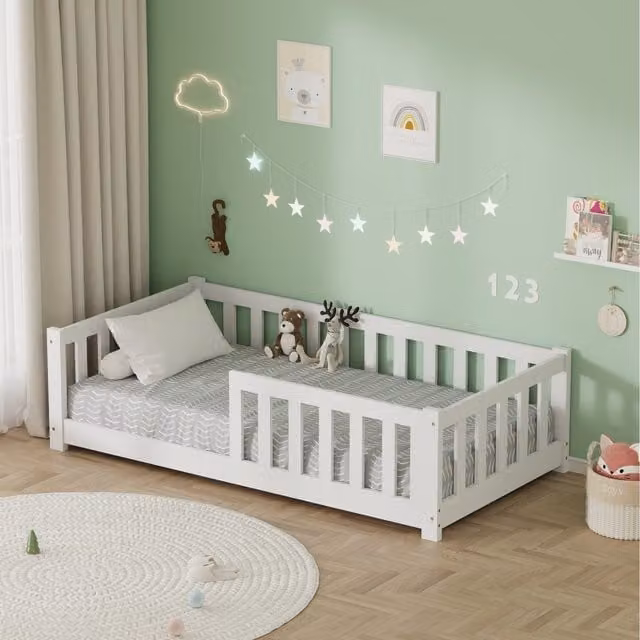 HMD Furniture White Childrens Pine Wood Bed with Slat Support and Guardrails, W/D/H: 160 x 80 x 85.5 cm