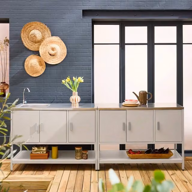 sweeek Modern 2-Module Stainless Steel Outdoor Kitchen in Beige, W/D/H: 142 x 80 x 51 cm