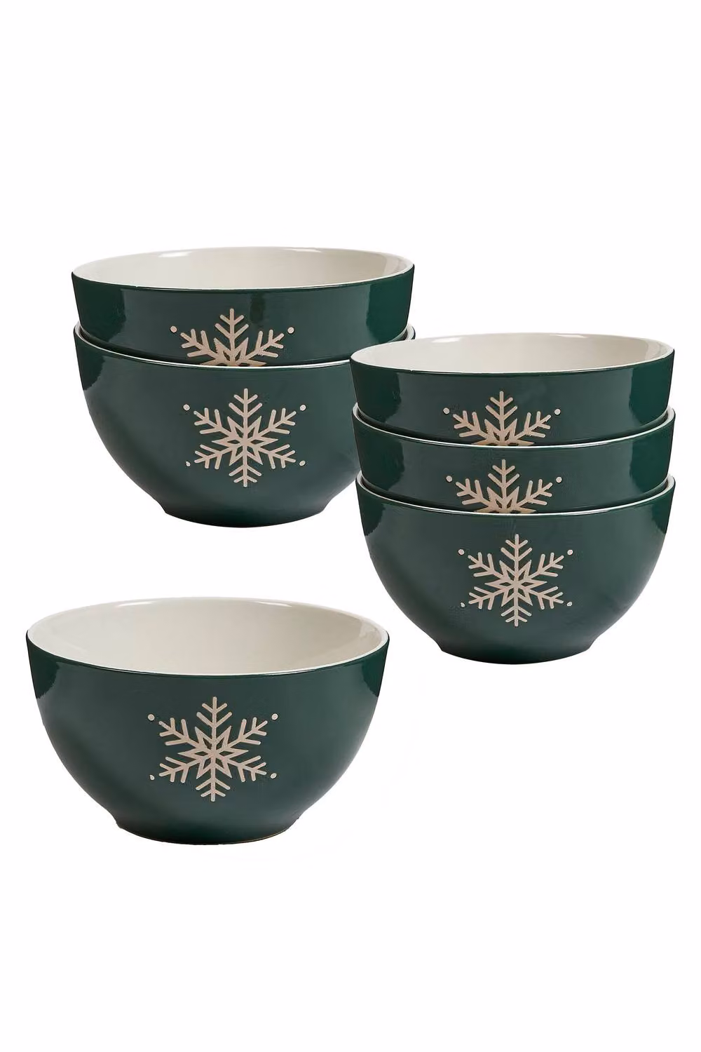 Dibor Set of 6 Green and White Winter Stoneware Christmas Bowls, Diameter: 14.2 cm – 2
