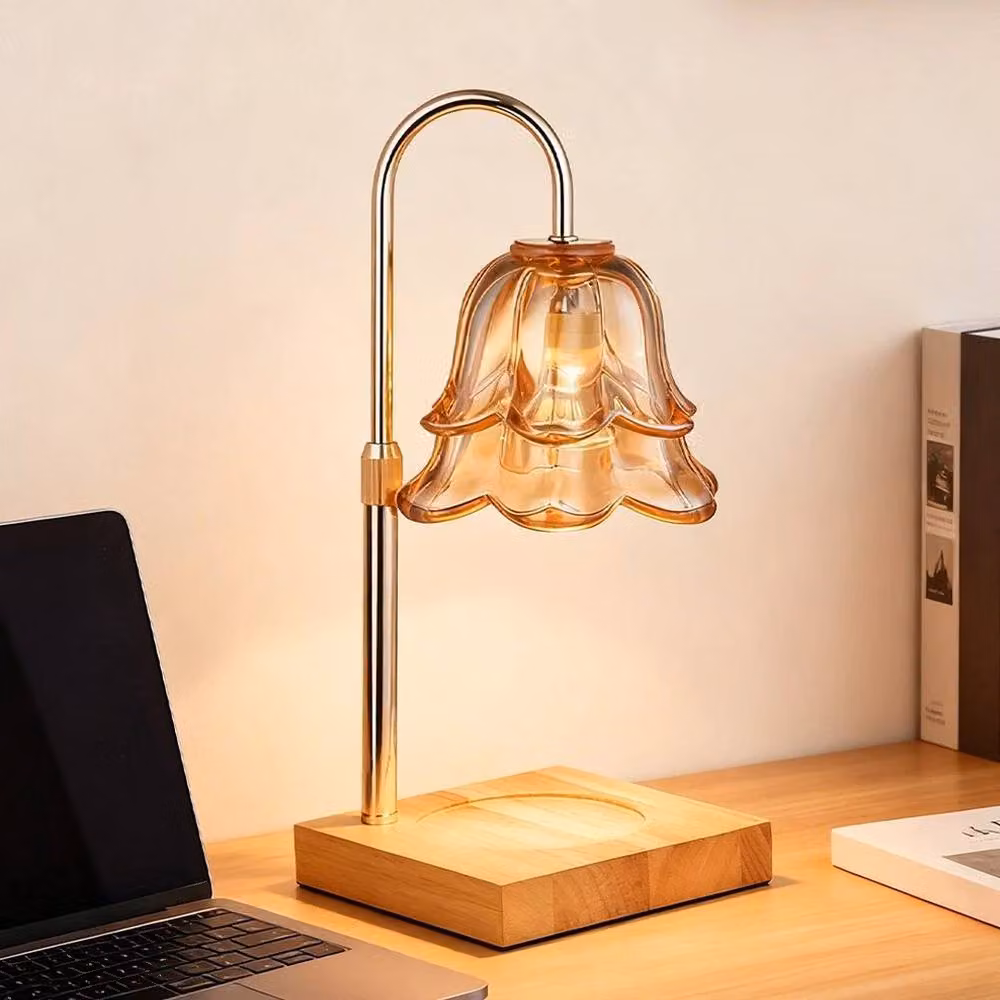 Kelvenix Height Adjustable Table Lamp in Gold and Wood with Glass Shade – 2