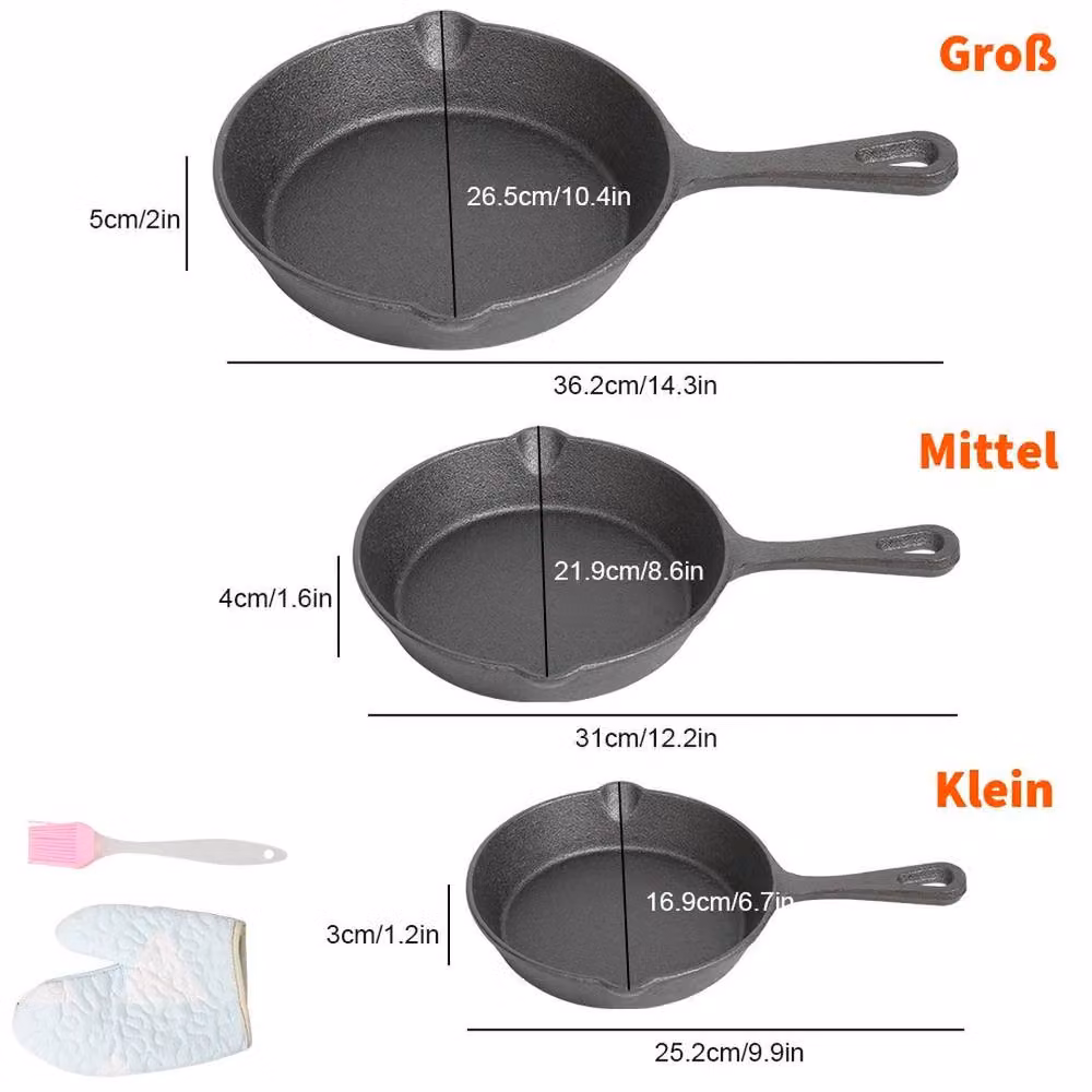 PAWNORA Set of 3 Pre-Seasoned Black Cast Iron Griddle Pans with Pouring Spouts – 4