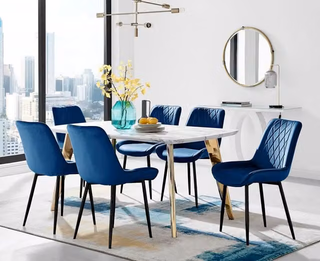 FurnitureboxUK Andria Blue Marble Effect Dining Table with 6 Pesaro Black Leg Chairs and Gold Legs