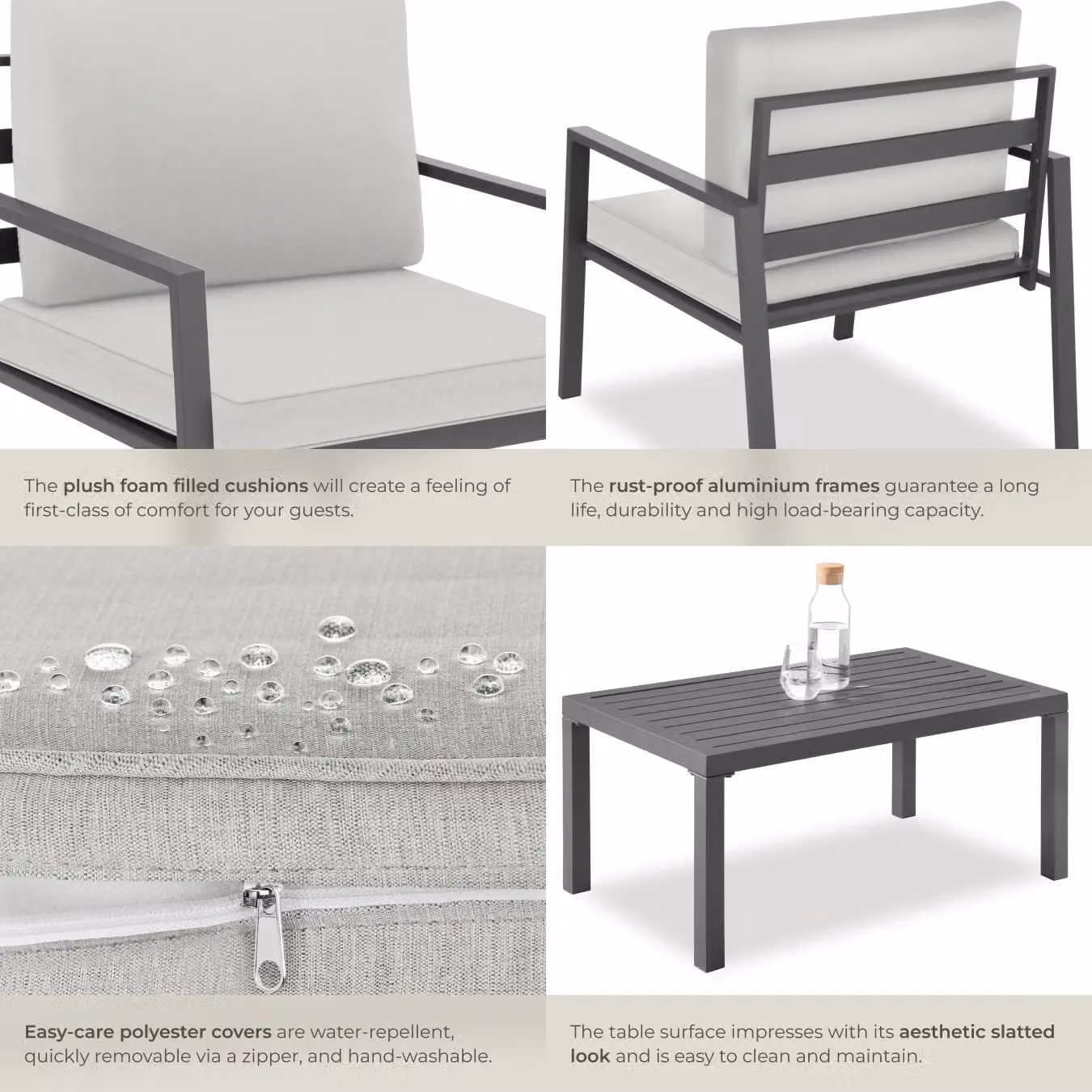 tectake Modern Garden Furniture Set in Grey with 2-Seater Sofa, Coffee Table and Upholstered Cushions with Powder Coated Aluminium Frame – 6