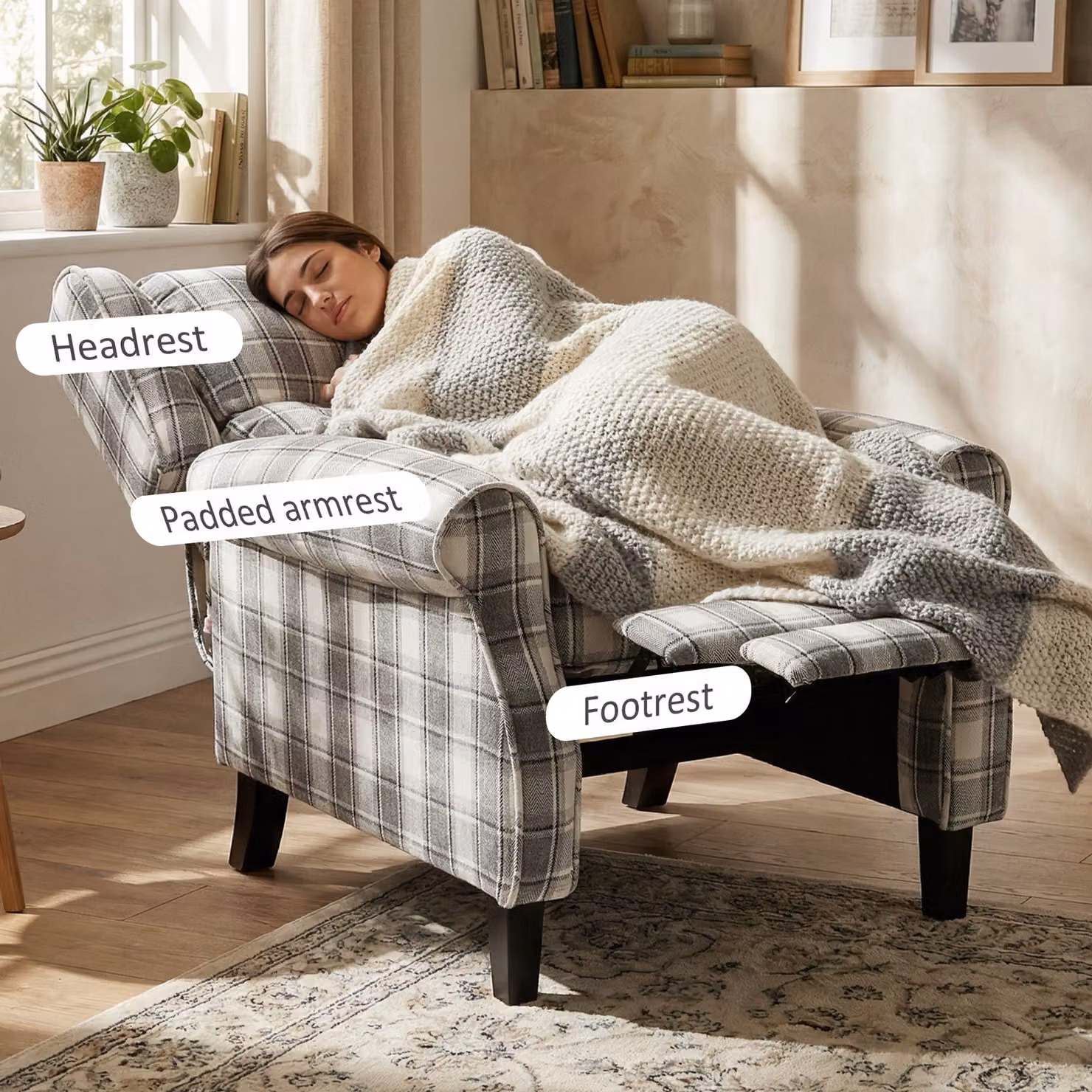HOMCOM 160 Degree Reclining Armchair with Integrated Footrest in Grey and White Checked Fabric – 7