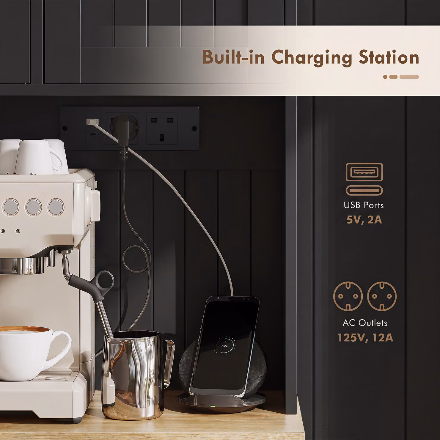HOMCOM Black Tall Kitchen Cupboard with Charging Station and Adjustable Shelves, Height: 173 cm, Width: 100 cm, Depth: 47.5 cm – 6