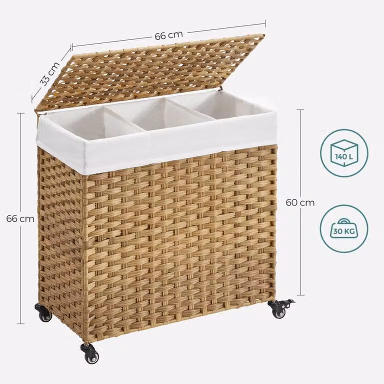 KORVIXA Handwoven Brown Rattan Laundry Basket with Removable Bag, Height: 100 cm