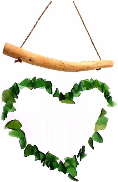 KDMD Love Chime Green Glass Heart Hanging Wind Chime for Garden and Patio Decor