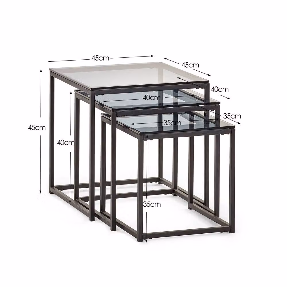 Cheshire Stirling Nest of 3 Modern Square Tables in Black and Smoked Glass – 4