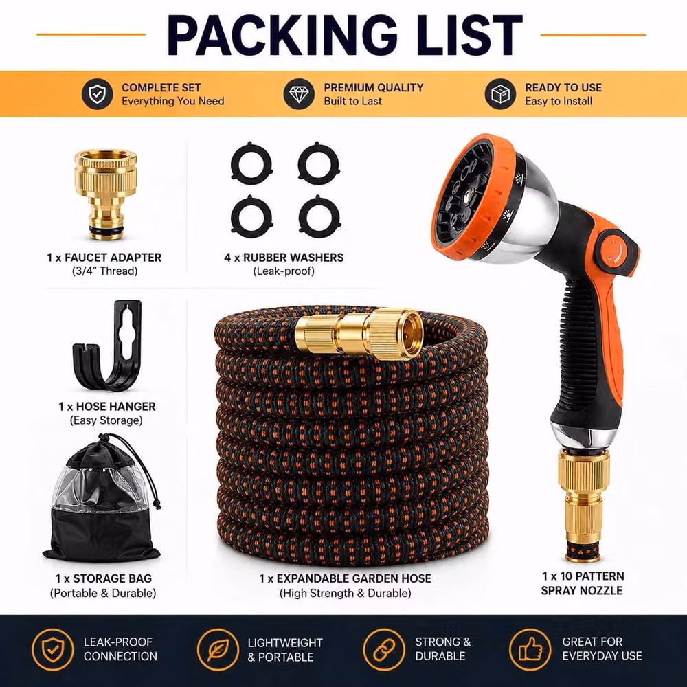 KORVIXA Heavy Duty Expandable Flexible Garden Water Hose, Black, 7.62 m – 3