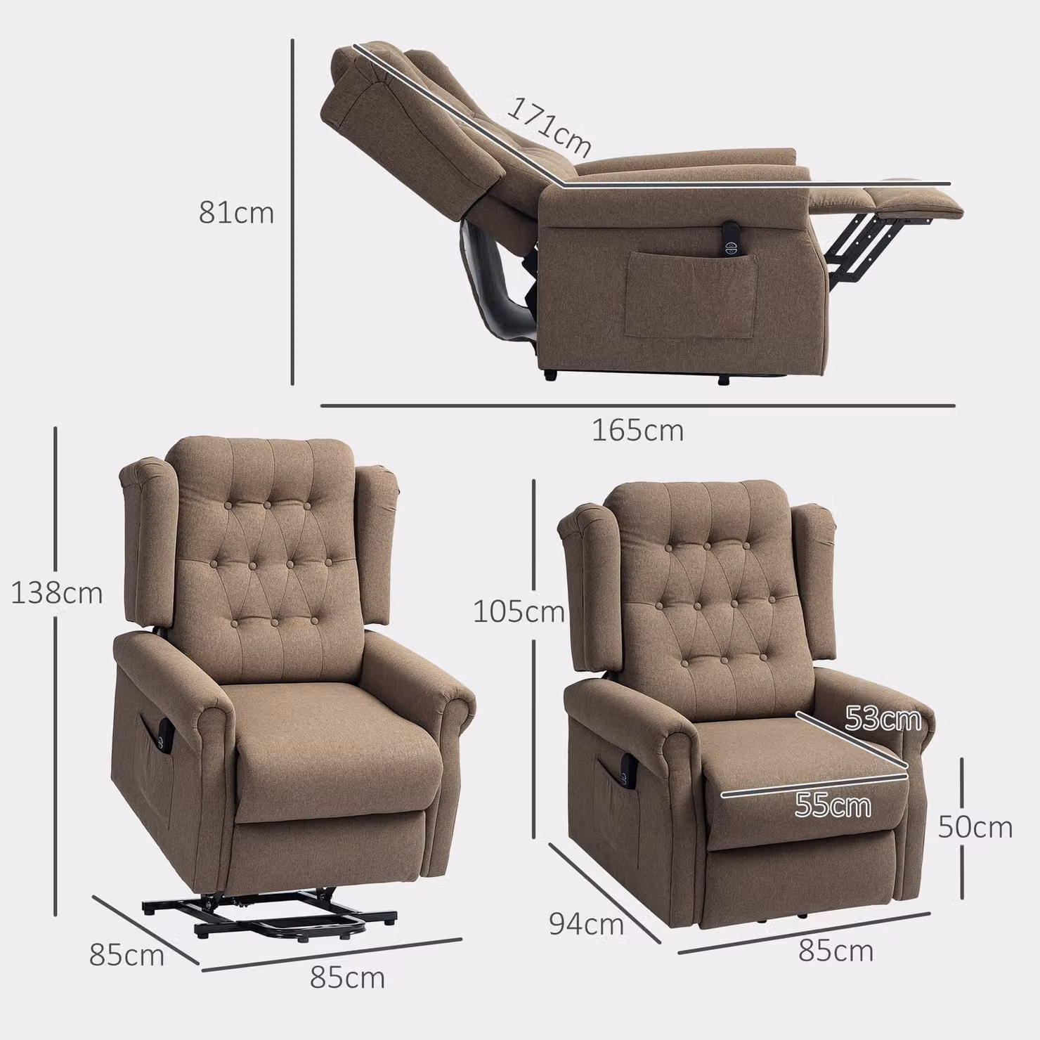 HOMCOM Power Lift Recliner Chair in Dark Brown, Wingback Button Tufted Electric Lift Chair for Seniors with Remote Control and Storage Pockets – 3