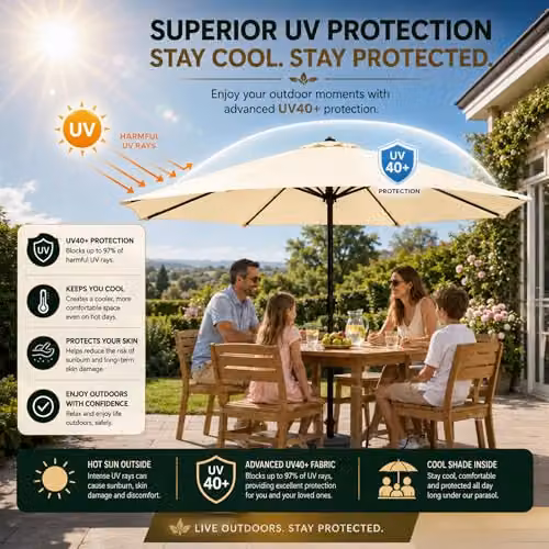 GlamHaus Garden Parasol Umbrella with UPF 40 Protection and Cover, Beige Polyester and Steel – 4