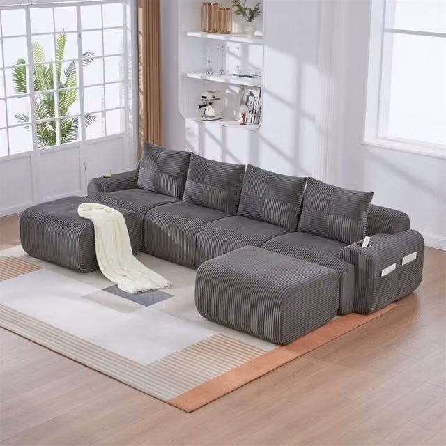 Direct Wicker 4-Seater Modular L-Shape Cord Sofa with 2 Matching Ottomans, Cup Holders and Storage in Dark Grey