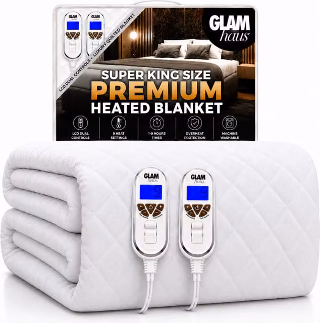 Glamhaus White Cotton Quilted Heated Electric Blanket, 200 x 200 cm