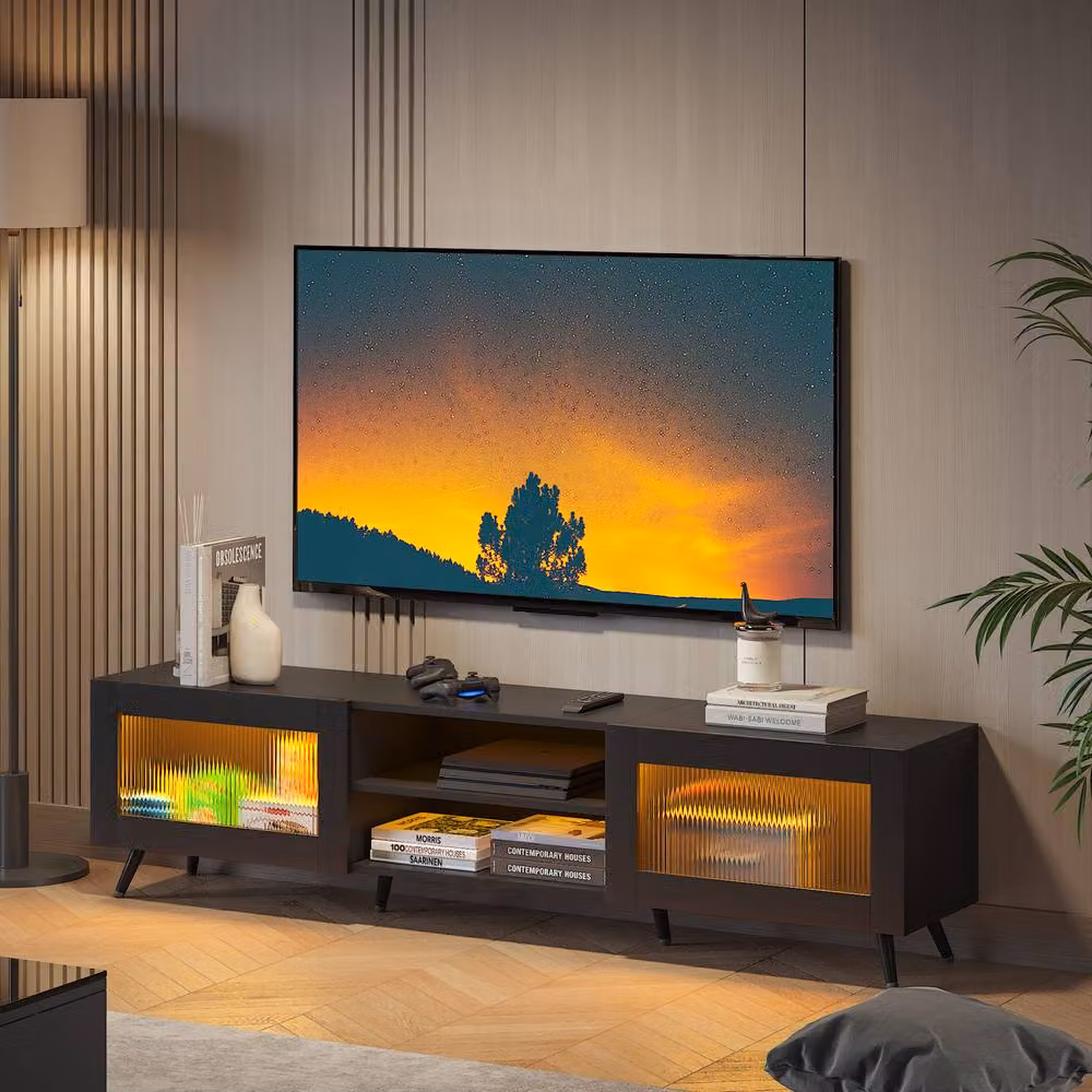 KEEPREAPER Stylish Black TV Stand with Transparent Acrylic Doors for 32-70 Inch TVs – 2