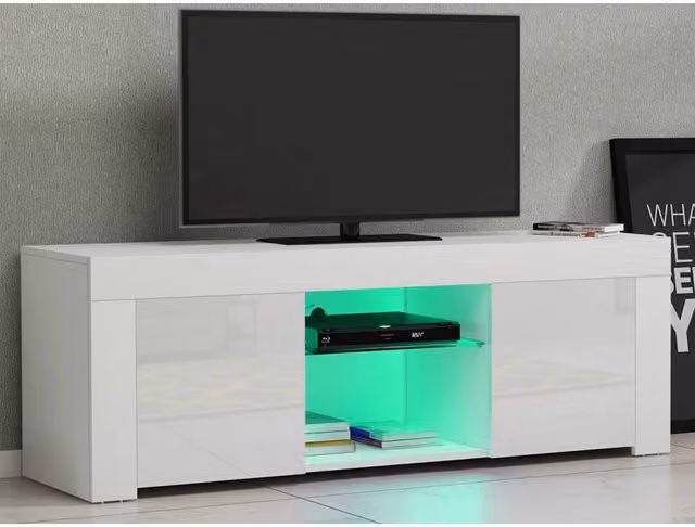 FORGEVIO Modern White Glossy TV Unit Stand with Integrated Lighting and Glass Details