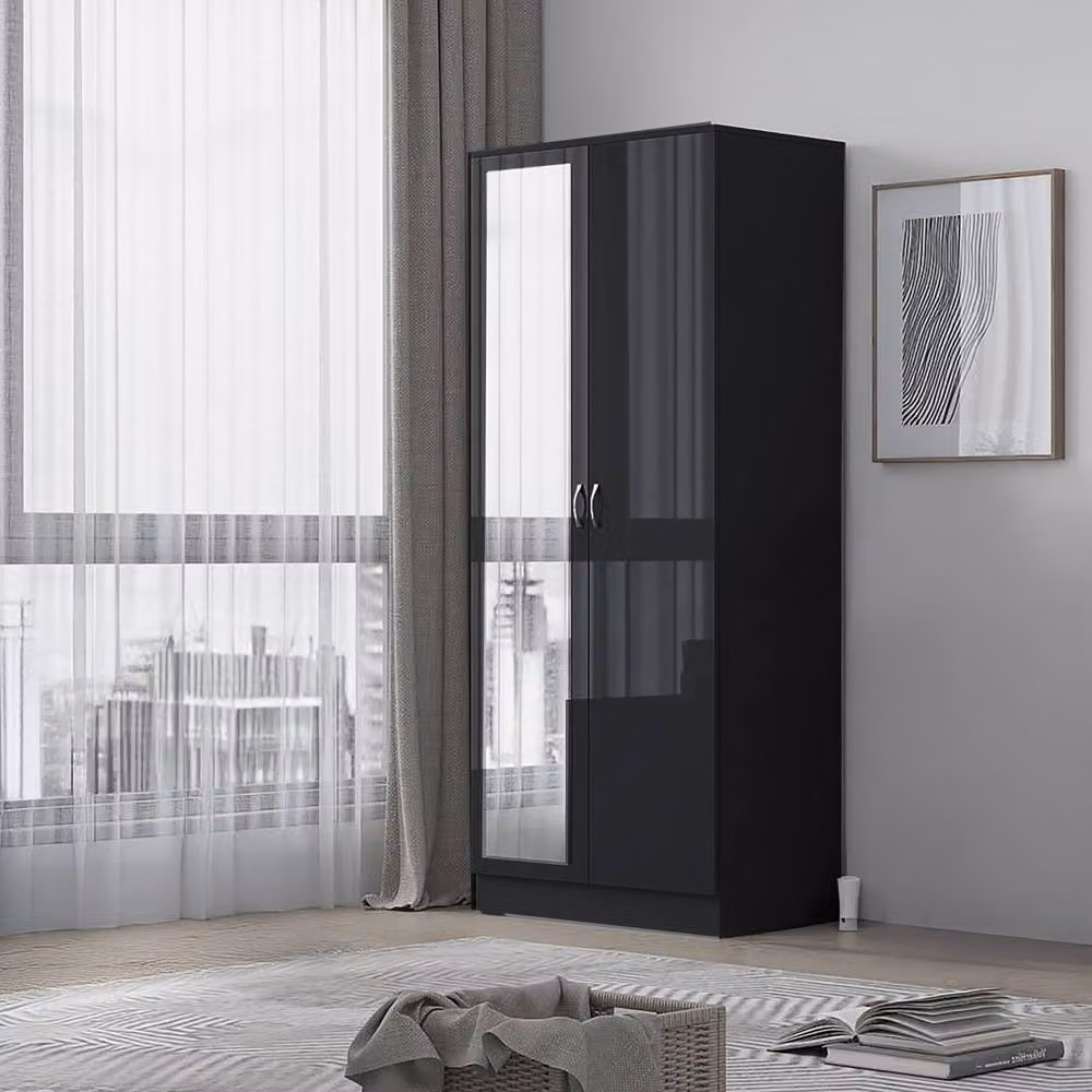 Harmin Modern Glossy 2 Door Mirrored Wardrobe with Soft Close Doors, Black, H 180 cm x W 76 cm x D 47 cm – 2