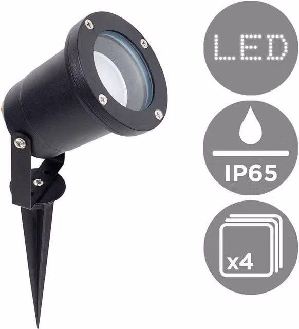 ValueLights Derwent 4 Pack Black LED Outdoor Garden Lights with Adjustable GU10 Warm White Bulbs and IP65 Waterproof Rating