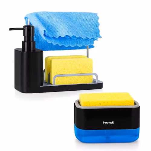 Innoteck Sink Organiser Set in Black with Dual Soap Dispenser, Sponge Holder and Removable Drip Tray (370ml + 350ml Capacity) – 1