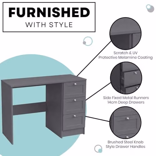 FWStyle Artus Matt Grey 3 Drawer Dressing Table, W: 99 cm, D: 40 cm, H: 72 cm – 3