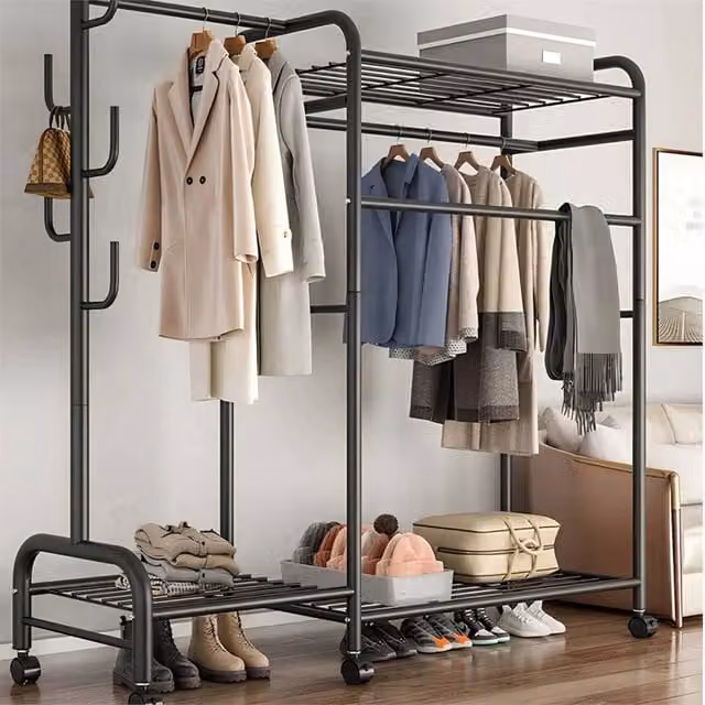 Nordara Double Heavy Duty Clothes Rail Garment Hanging Rack Open Wardrobe in Matt Black