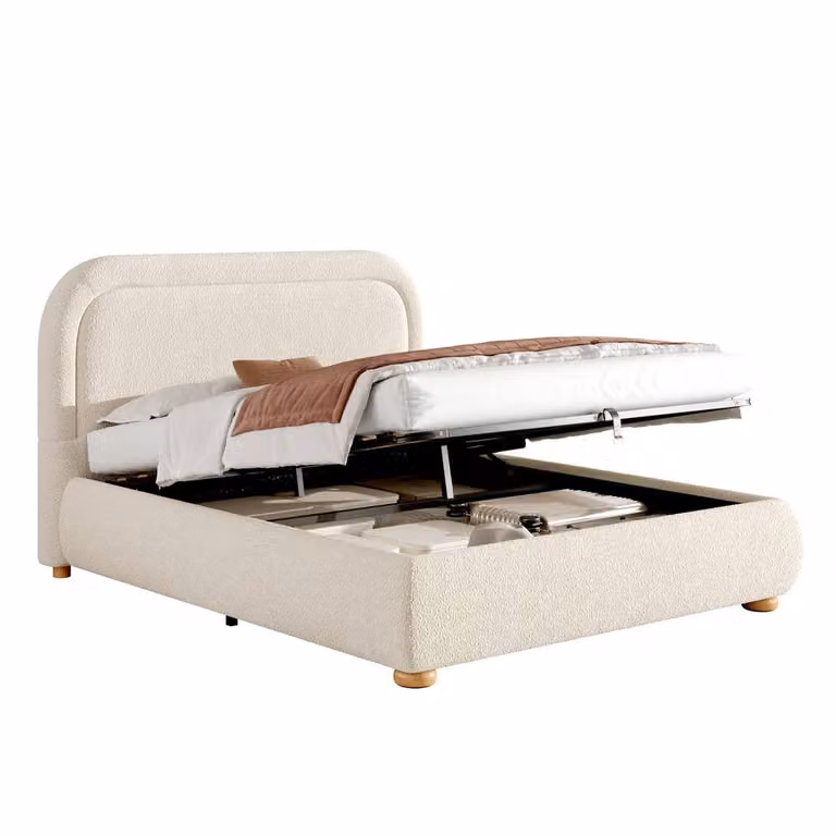 Rolipo Double Ottoman Storage Bed Frame in Beige Bouclé Upholstery, W/D/H: 135 x 190 x 97 cm