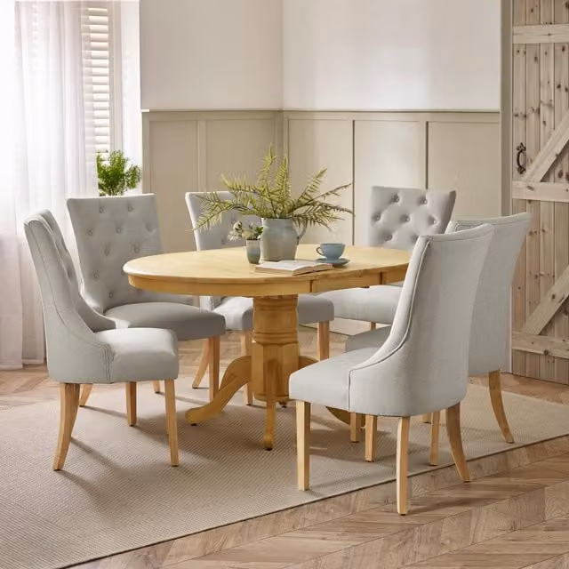 FurnitureboxUK Padstow Round Extendable Rubberwood Dining Table and 6 Beige Chairs Set – 1
