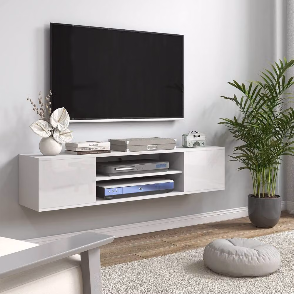 Wyld Haus Lumipa High Gloss White Floating TV Cabinet with Open Shelves W: 140 cm, D: 30 cm, H: 32 cm – 2